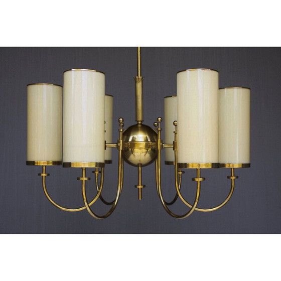 Image 1 of Vintage brass and opal glass chandelier, Germany 1940s