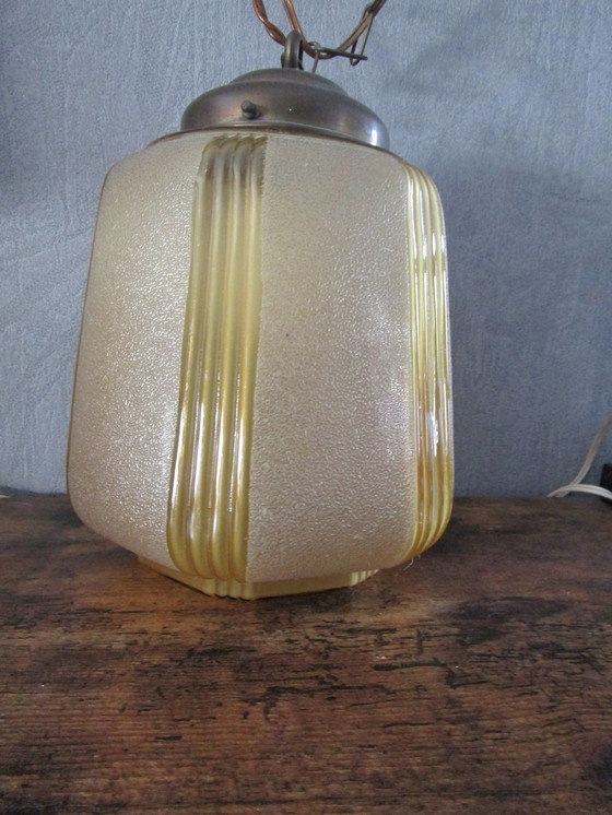 Image 1 of Art Deco Pendant Lamp On Chain With Beige Glass Globe