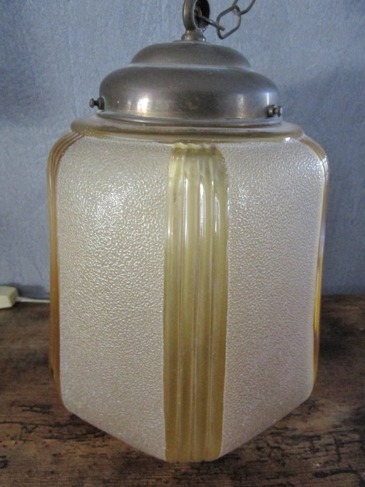 Art Deco Pendant Lamp On Chain With Beige Glass Globe