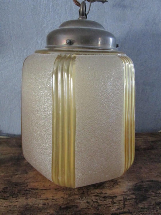 Image 1 of Art Deco Pendant Lamp On Chain With Beige Glass Globe