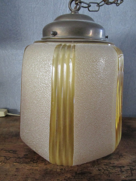 Image 1 of Art Deco Pendant Lamp On Chain With Beige Glass Globe