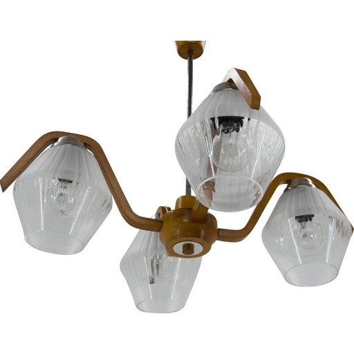 Mid-century wood and glass chandelier by Dřevo Humpolec, Czechoslovakia 1960s