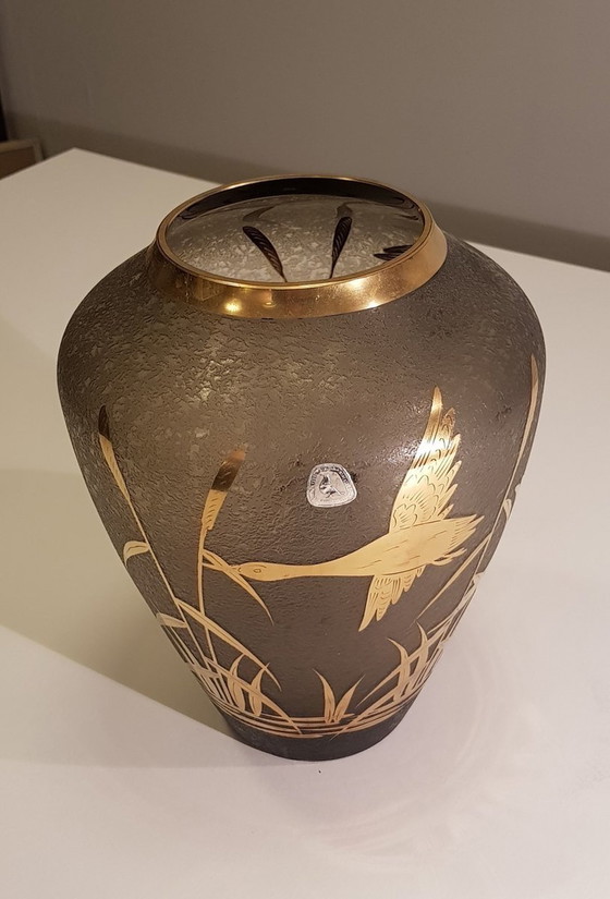 Image 1 of Etched Glass Vase With Gilded Decor And Crane By Alfred Taube