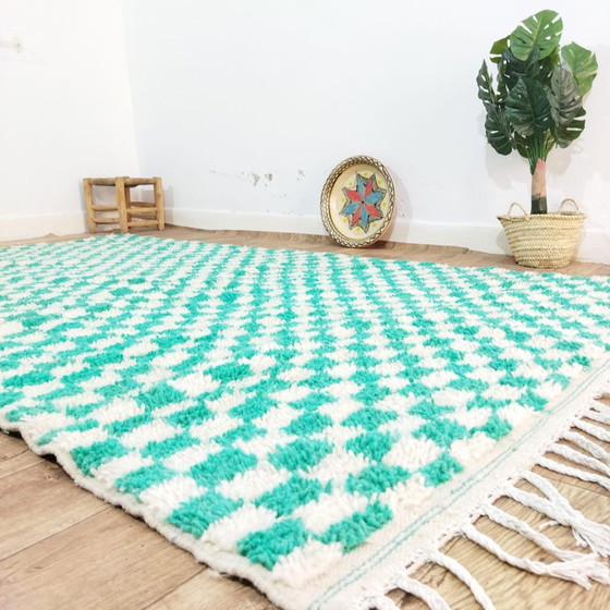 Image 1 of Handmade Berber Carpet In Turquoise Checkered Pattern