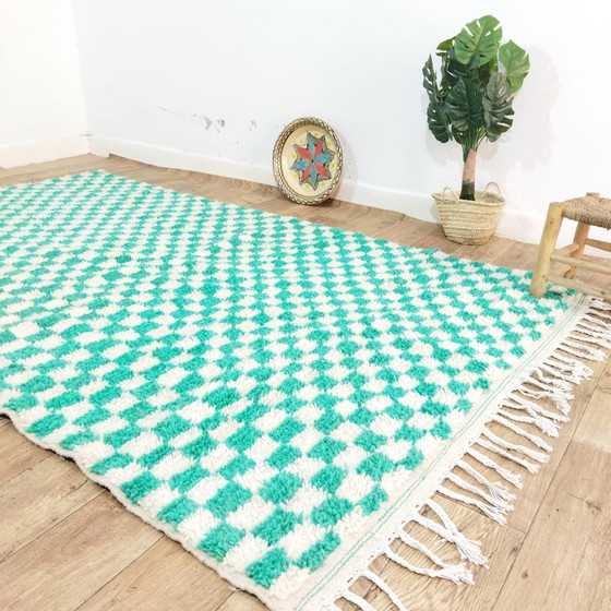 Image 1 of Handmade Berber Carpet In Turquoise Checkered Pattern