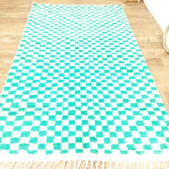 Image 1 of Handmade Berber Carpet In Turquoise Checkered Pattern