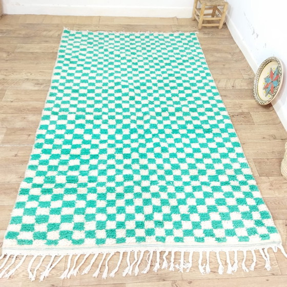 Image 1 of Handmade Berber Carpet In Turquoise Checkered Pattern