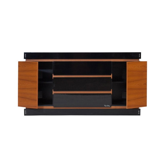 Image 1 of Black lacquered wood and teak vintage storage cabinet by Pierre Cardin, 1970