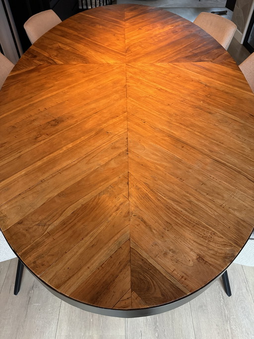 Oval Dining Table Herringbone With Industrial Side And Steel Star Leg