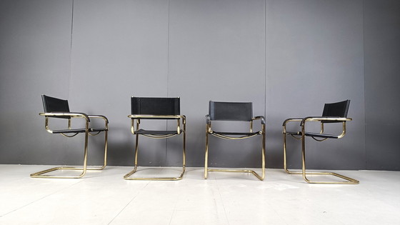 Image 1 of Set of 4 black leather and brass cantilever dining chairs - 1970s