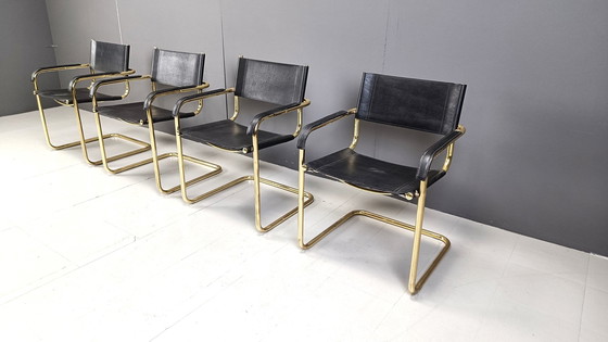 Image 1 of Set of 4 black leather and brass cantilever dining chairs - 1970s