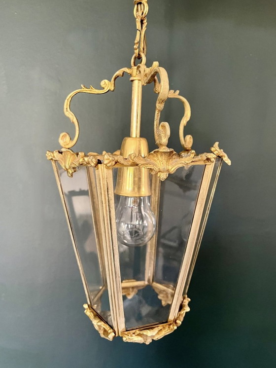 Image 1 of Art Nouveau Bronze Gilt And Glass Faceted Pendant Lantern 1900