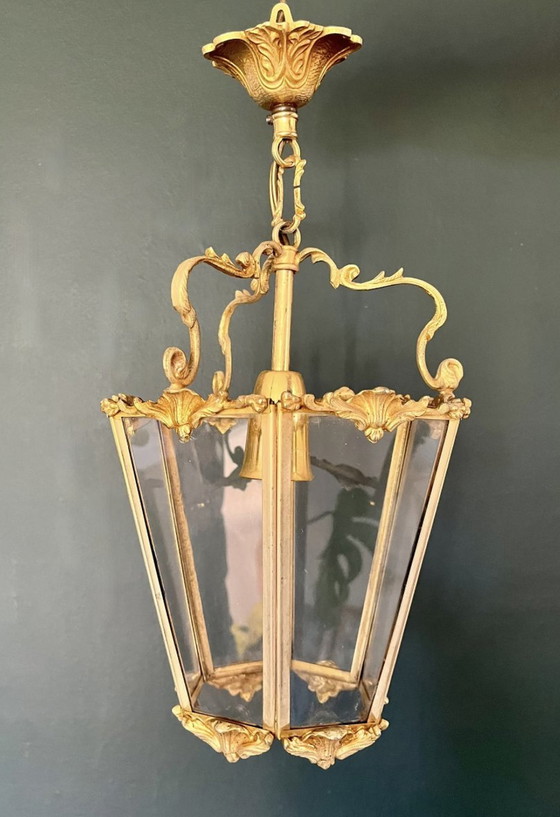 Image 1 of Art Nouveau Bronze Gilt And Glass Faceted Pendant Lantern 1900