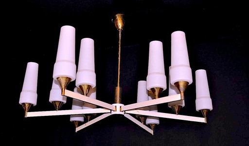 Italian Modernist White And Brass Chandelier