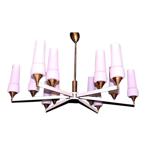 Italian Modernist White And Brass Chandelier