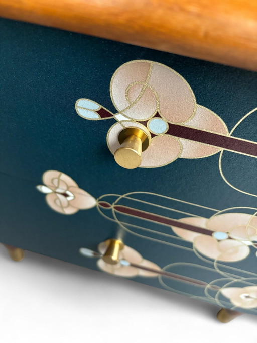 Vintage Nightstands Upholstered With Art Deco Print In Gold With Blue