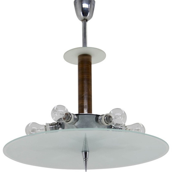 Image 1 of Lampadario Art Déco vintage in noce, cromo e vetro, anni '30