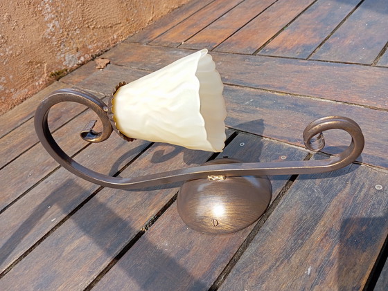 Image 1 of Wrought Iron Wall Sconce, Ecru Pâte De Verre Globe, Made In Italy 1980