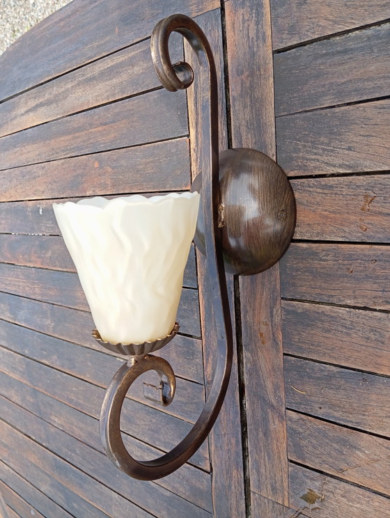 Image 1 of Wrought Iron Wall Sconce, Ecru Pâte De Verre Globe, Made In Italy 1980