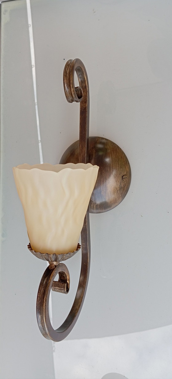 Image 1 of Wrought Iron Wall Sconce, Ecru Pâte De Verre Globe, Made In Italy 1980