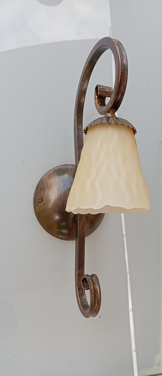 Image 1 of Wrought Iron Wall Sconce, Ecru Pâte De Verre Globe, Made In Italy 1980