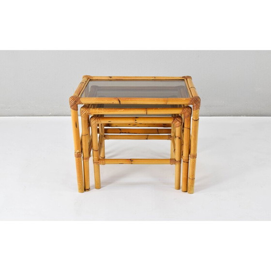 Image 1 of Vintage bamboo and smoked glass nesting tables, Spain 1970s