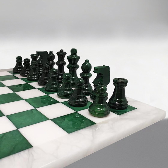 Image 1 of 1970s Gorgeous Green and White Chess Set in Volterra Alabaster Handmade Made in Italy