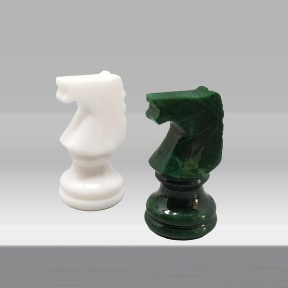 Image 1 of 1970s Gorgeous Green and White Chess Set in Volterra Alabaster Handmade Made in Italy