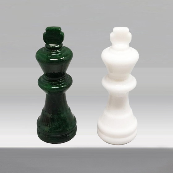 Image 1 of 1970s Gorgeous Green and White Chess Set in Volterra Alabaster Handmade Made in Italy