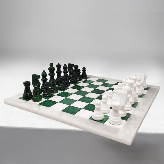 Image 1 of 1970s Gorgeous Green and White Chess Set in Volterra Alabaster Handmade Made in Italy