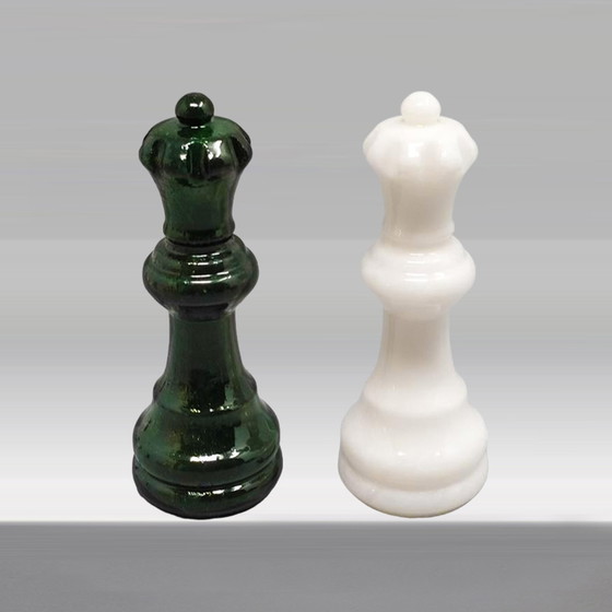 Image 1 of 1970s Gorgeous Green and White Chess Set in Volterra Alabaster Handmade Made in Italy