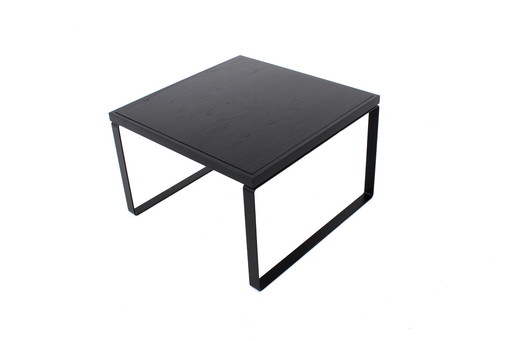 like new, square coffee table with reversible oak top in white and black with steel runners