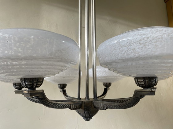 Image 1 of Ceiling Lamp 6 Arms Silvered Pendant Clouded Glass Bowls 1940s French