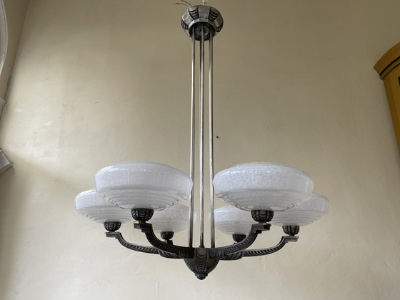 Image 1 of Ceiling Lamp 6 Arms Silvered Pendant Clouded Glass Bowls 1940s French