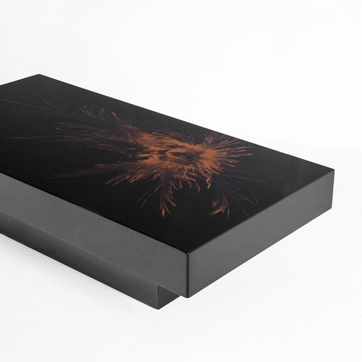 Vintage coffee table. Black lacquered wood with design signed H D. France, 1980s