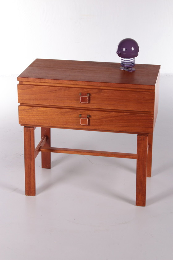 Image 1 of Small teak chest of drawers with leather handles from Fröseke Nybrofabrik from the 1960s