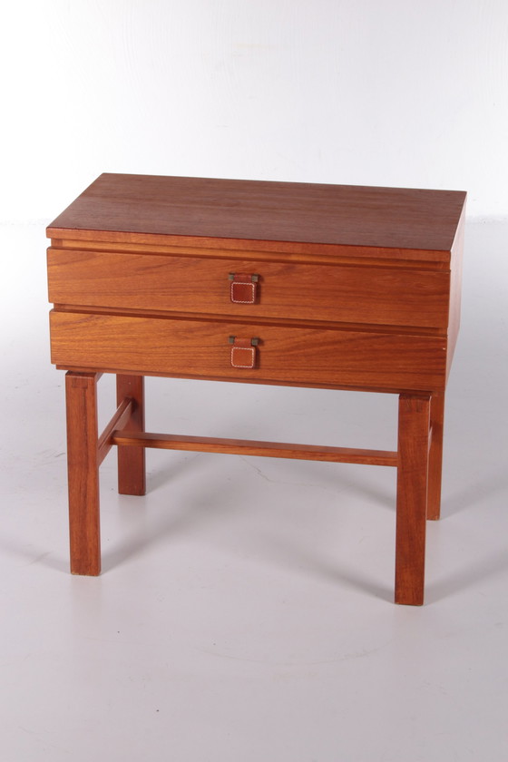 Image 1 of Small teak chest of drawers with leather handles from Fröseke Nybrofabrik from the 1960s