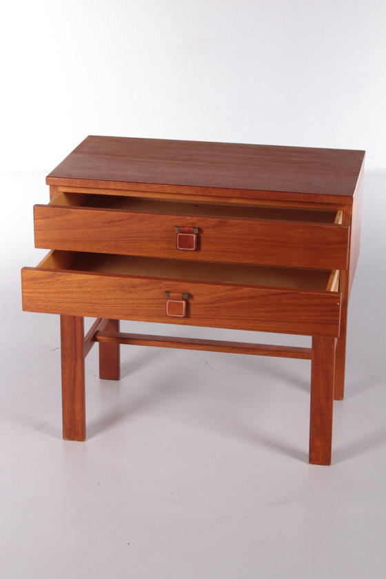 Image 1 of Small teak chest of drawers with leather handles from Fröseke Nybrofabrik from the 1960s