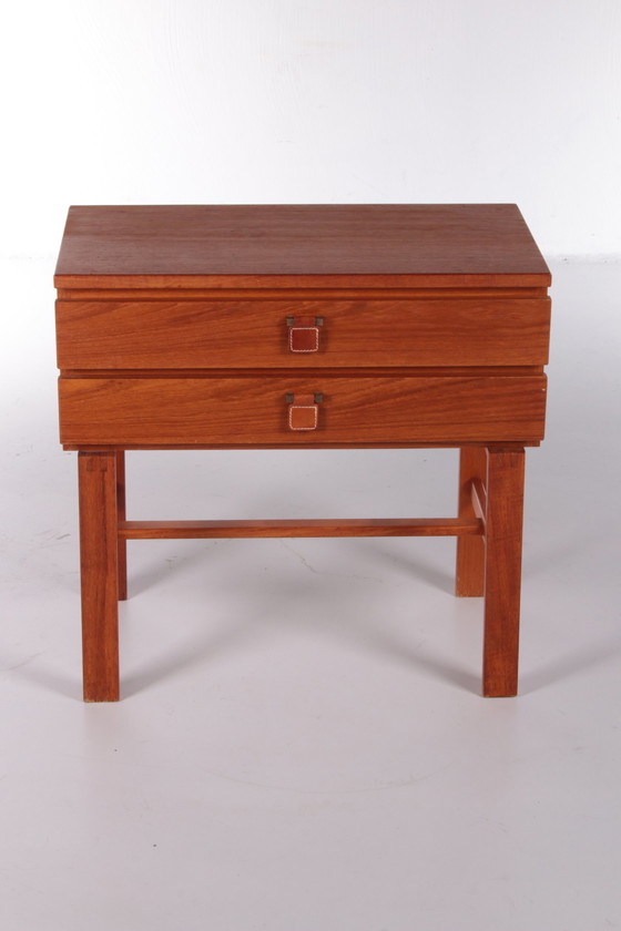 Image 1 of Small teak chest of drawers with leather handles from Fröseke Nybrofabrik from the 1960s