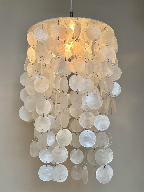 Image 1 of Set Of 2 Capiz Shell Pendant Lamps Pearl Shell Chrome Details ! Luxury Execution