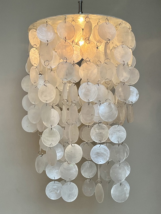 Image 1 of Set Of 2 Capiz Shell Pendant Lamps Pearl Shell Chrome Details ! Luxury Execution