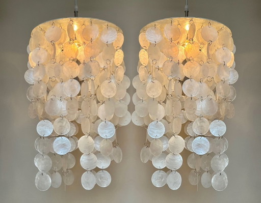 Set Of 2 Capiz Shell Pendant Lamps Pearl Shell Chrome Details ! Luxury Execution