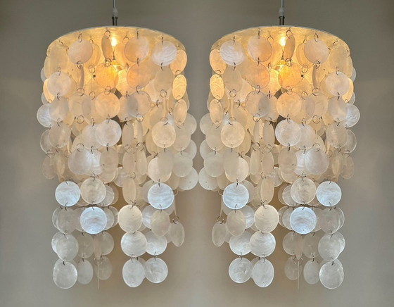 Image 1 of Set Of 2 Capiz Shell Pendant Lamps Pearl Shell Chrome Details ! Luxury Execution