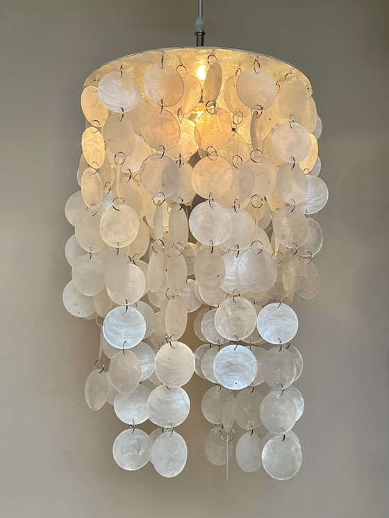 Image 1 of Set Of 2 Capiz Shell Pendant Lamps Pearl Shell Chrome Details ! Luxury Execution