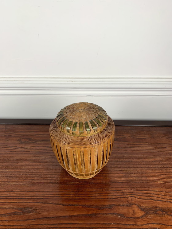 Image 1 of Old Asian Ginger Jar In Ceramic And Hand-Woven Wicker