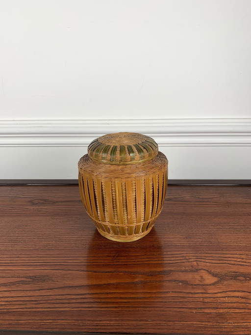 Old Asian Ginger Jar In Ceramic And Hand-Woven Wicker