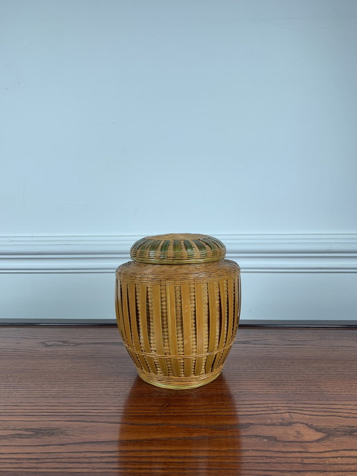 Old Asian Ginger Jar In Ceramic And Hand-Woven Wicker