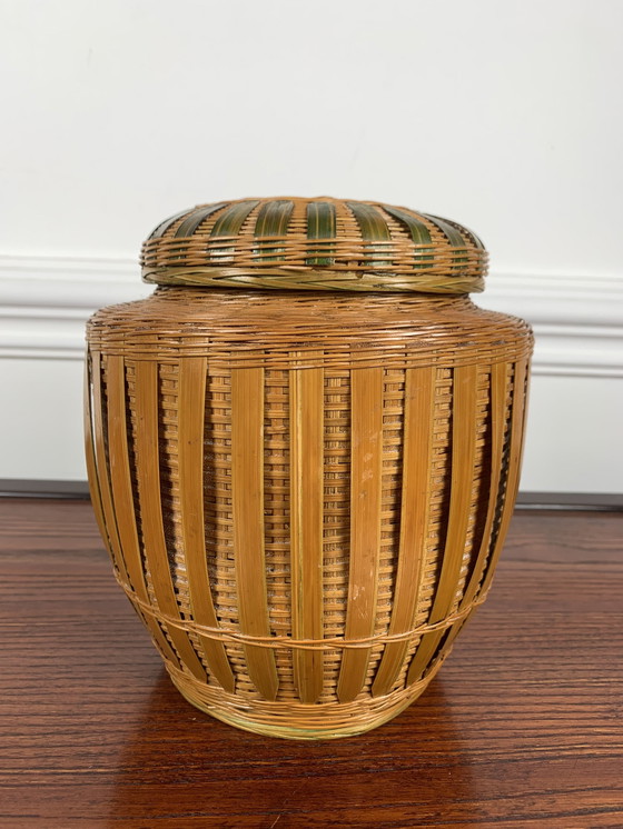 Image 1 of Old Asian Ginger Jar In Ceramic And Hand-Woven Wicker