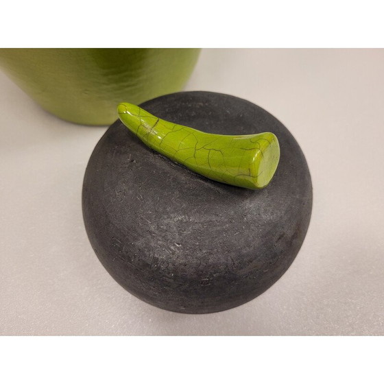 Image 1 of Set of 3 vintage Raku green glazed ceramic vases by Geneviève Berrin, France