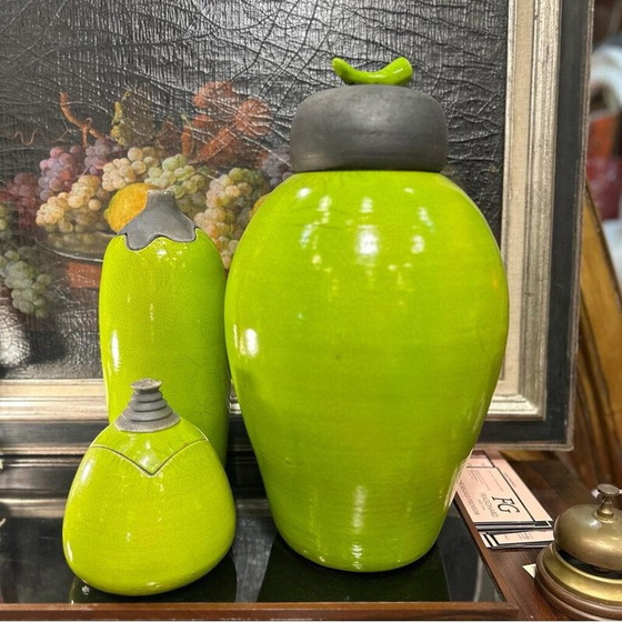 Image 1 of Set of 3 vintage Raku green glazed ceramic vases by Geneviève Berrin, France